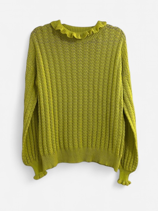 Umgee Sweaters - UMGEE Lime Green Cozy Ruffle Neck Sweater with Balloon Sleeves